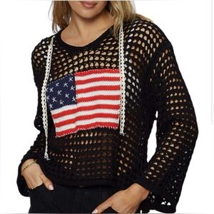 NEW POL Black Crochet Hoodie Sweater with American Flag Design Size Medium